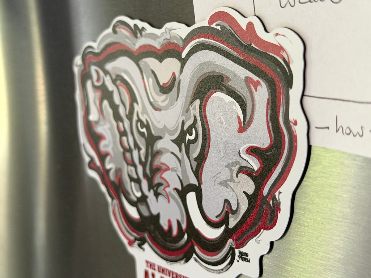 University of Alabama Big AL magnet shown at an angle, with layered crimson, black and gray artwork.