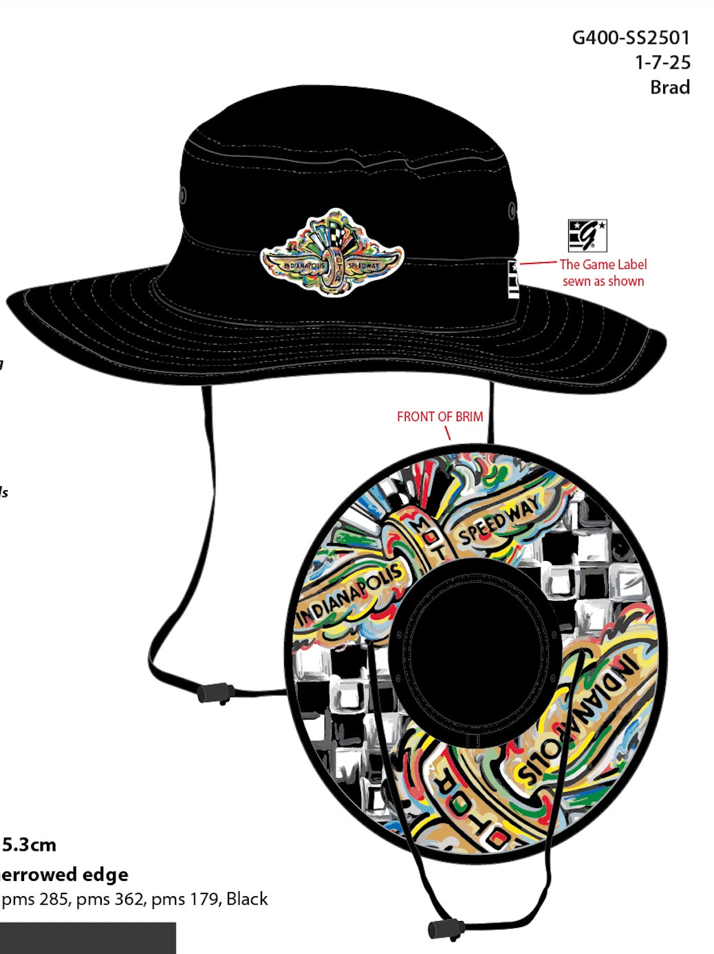 Indianapolis Motor Speedway Wing and Wheel Boonie Hat with art Underbill by Justin Patten (Black, Art Underbill, INDY 500)