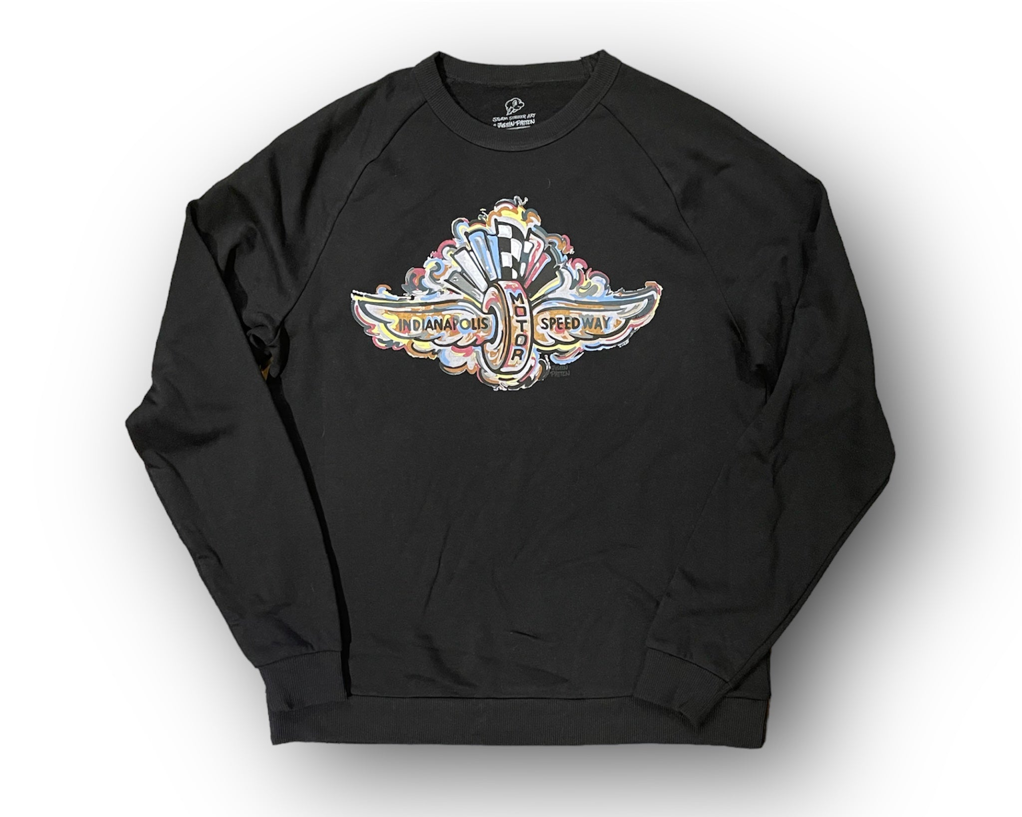 Indianapolis Motor Speedway Wing and Wheel Black Tribled Unisex Crew by Justin Patten