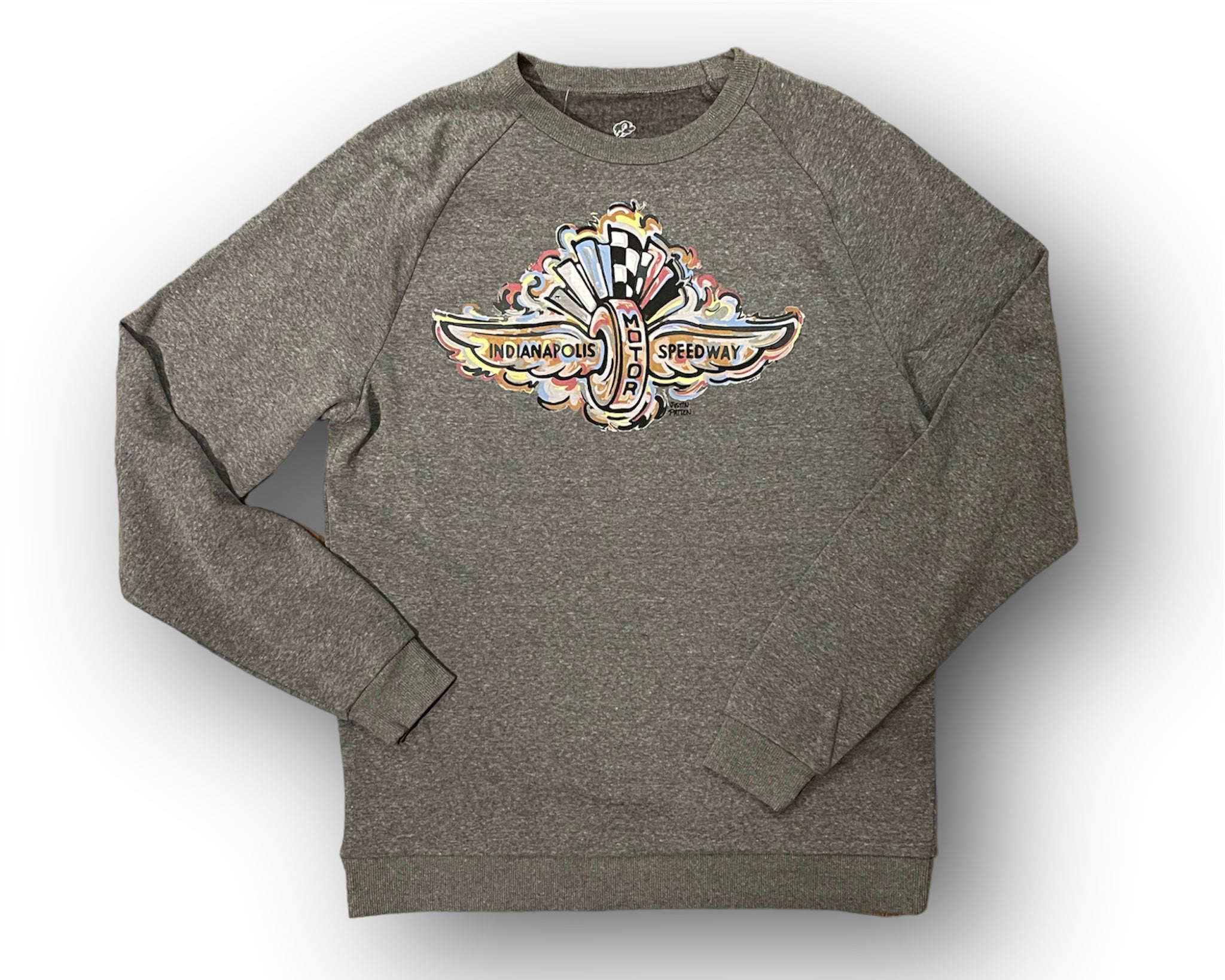 Indianapolis Motor Speedway Wing and Wheel Black Tribled Unisex Crew by Justin Patten
