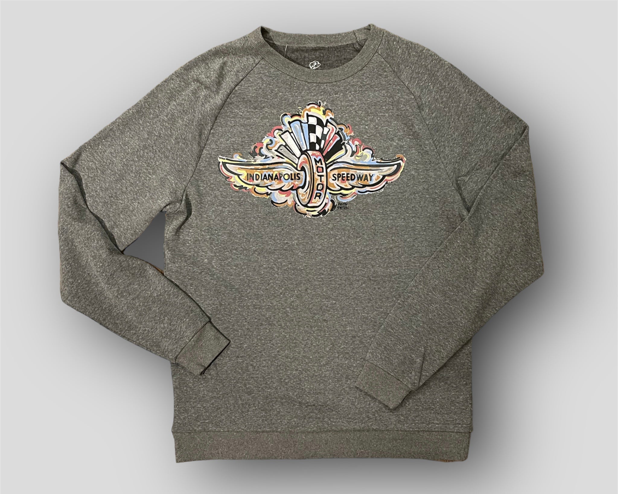 Indianapolis Motor Speedway Wing and Wheel Black Tribled Unisex Crew by Justin Patten