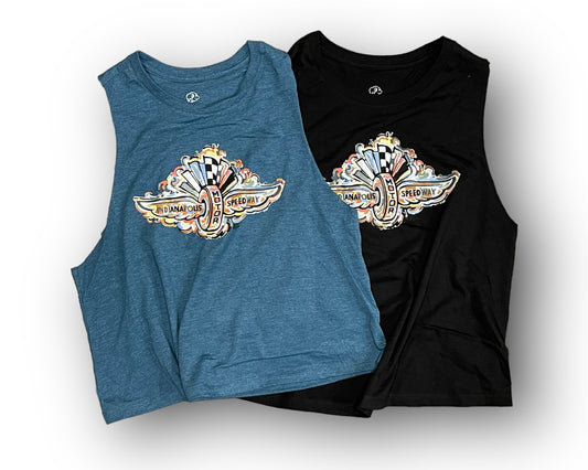 Indianapolis Motor Speedway Wing and Wheel Women's Crop Racerback Tank by Justin Patten (2 Colors)