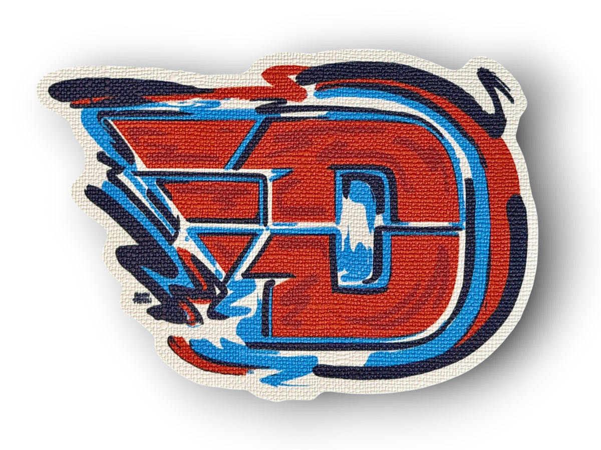 Flying D logo sticker, red and blue letter D with winged arrows graphic