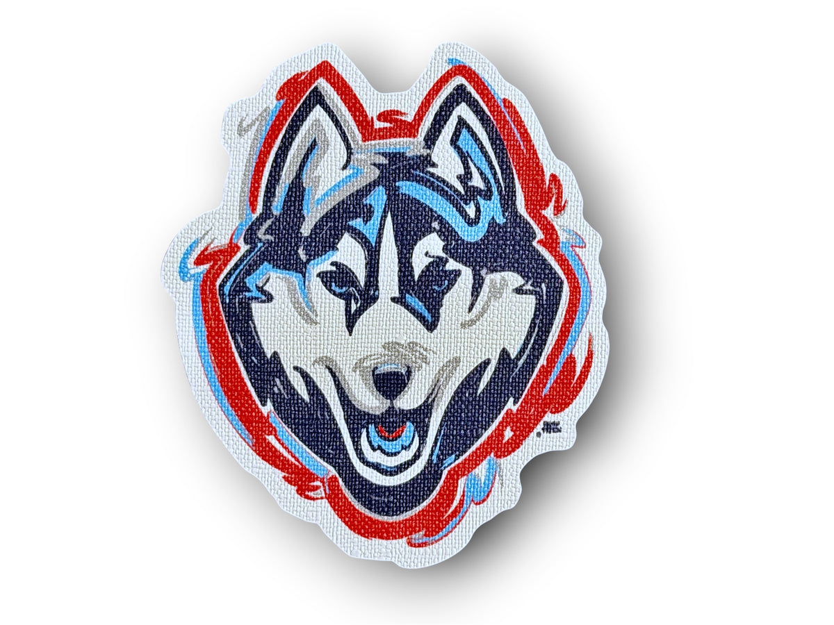 Die-cut husky mascot durable sticker with blue-gray face and bold red-white outer rim