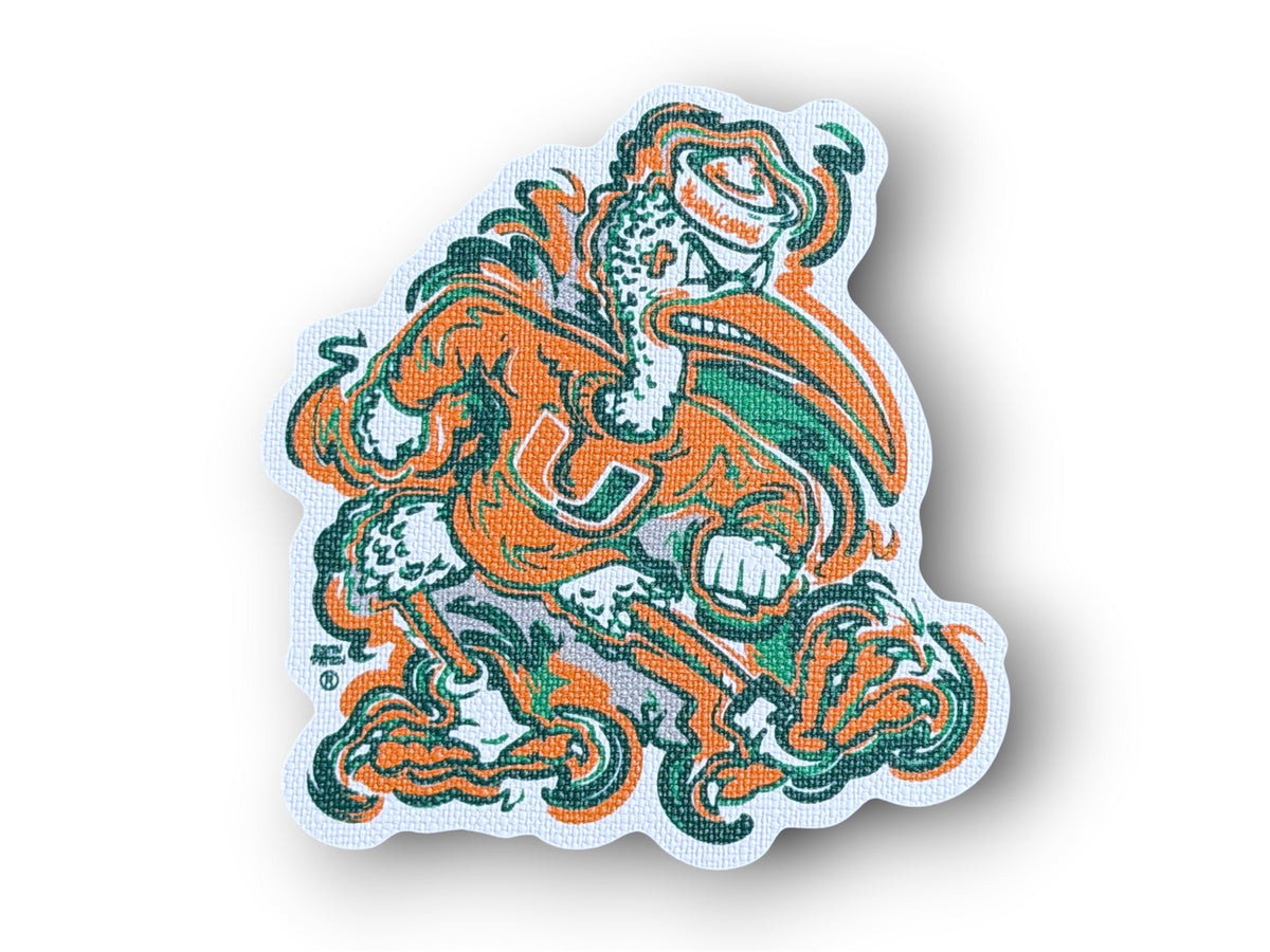 Die-cut University of Miami mascot sticker with detailed orange, teal, and white artwork