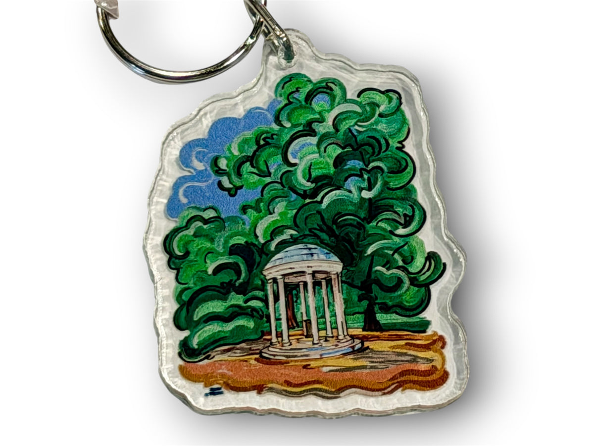 University of North Carolina Old Well keychain with a colorful illustrated well and trees