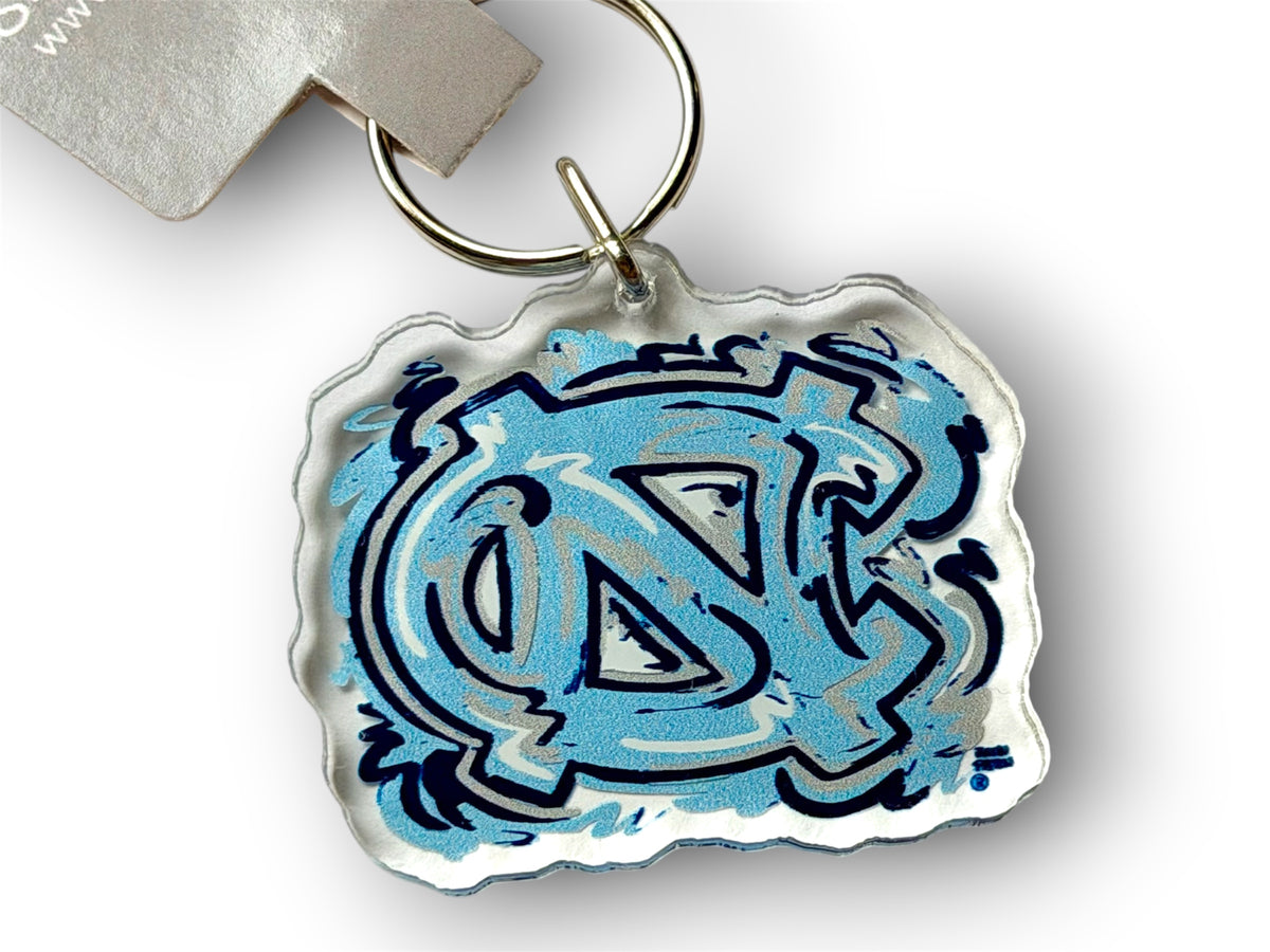 University of North Carolina keychain with a blue and white NC logo and metal ring