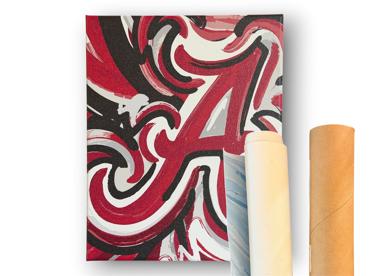 Rolled canvas print with crimson, black, and white swirl design; square front visible