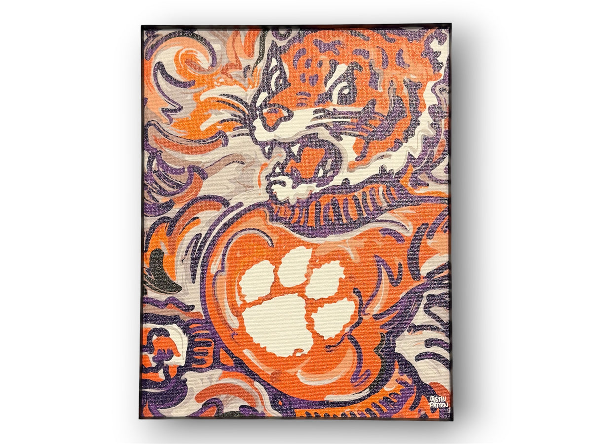 Tiger mascot canvas print with orange and purple artwork, black border, 16x20