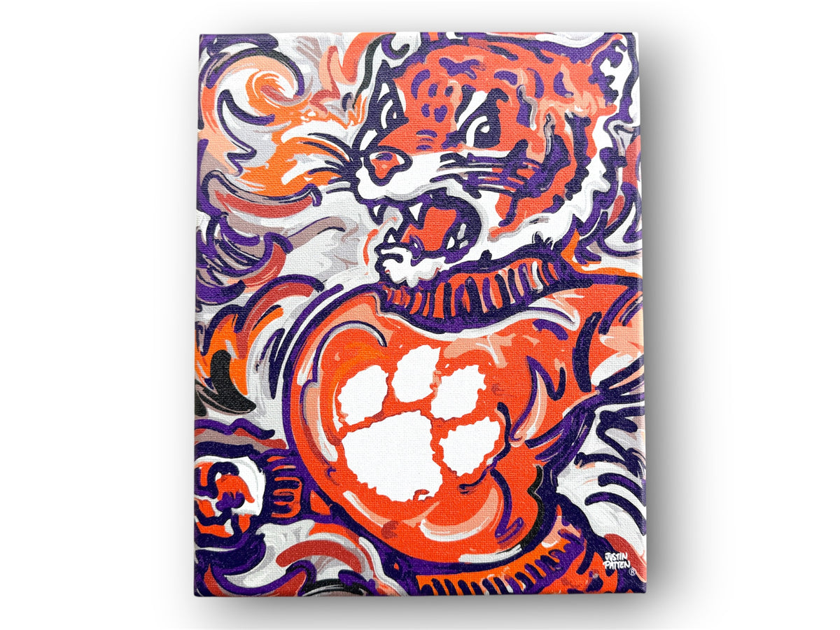 Clemson University wrapped canvas print with an orange tiger mascot and white paw