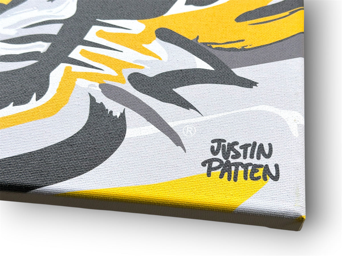 DePauw University wrapped print corner with canvas texture and Justin Patten signature