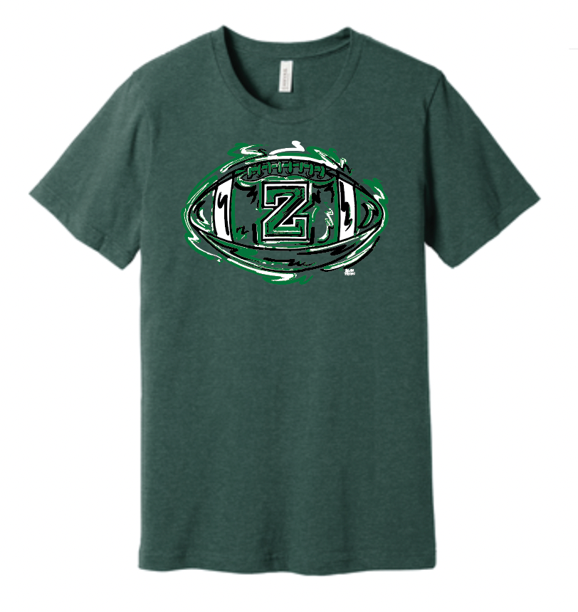 Youth football T-shirt, dark green, crew neck, front Z1 logo graphic in green and white