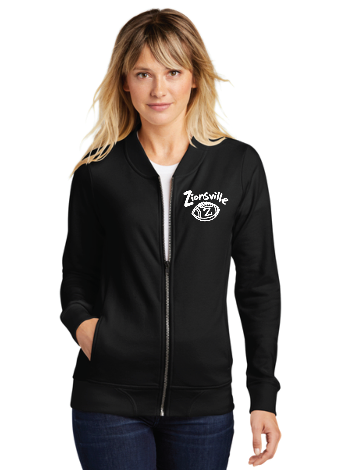 Zionsville Football Women's French Terry Bomber by Justin Patten (Black)