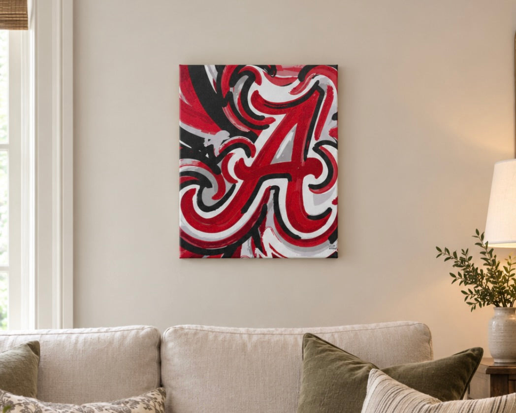 Wrapped canvas print with large crimson A and swirling black-and-white accents, wall-mounted.