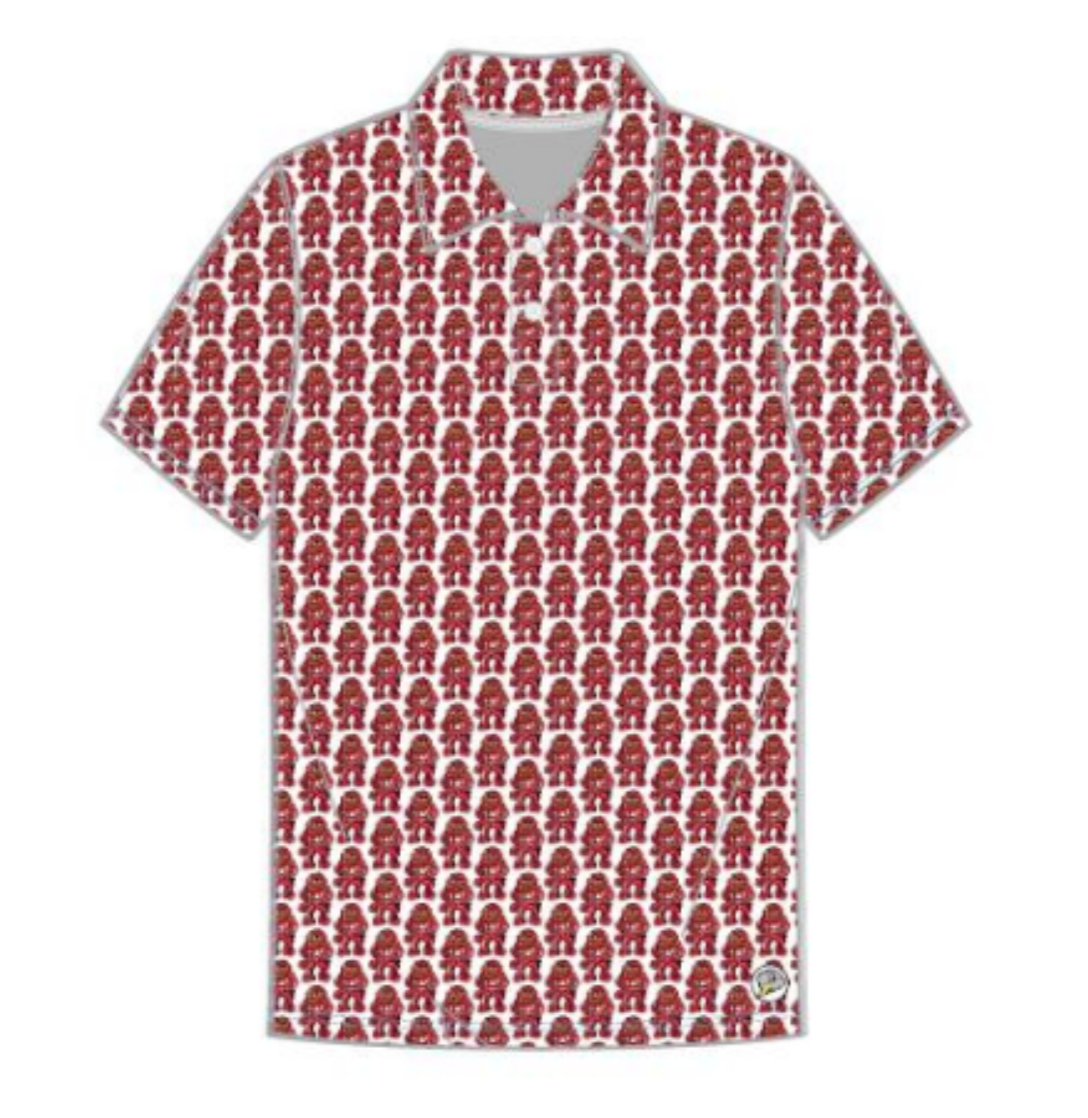 Indiana University polo shirt with an allover red Hoosier the Bison print
