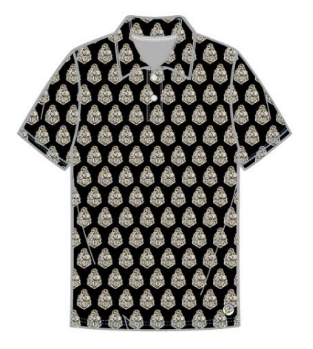 Purdue University polo shirt in black with a repeating Boilermaker Special pattern and gray collar
