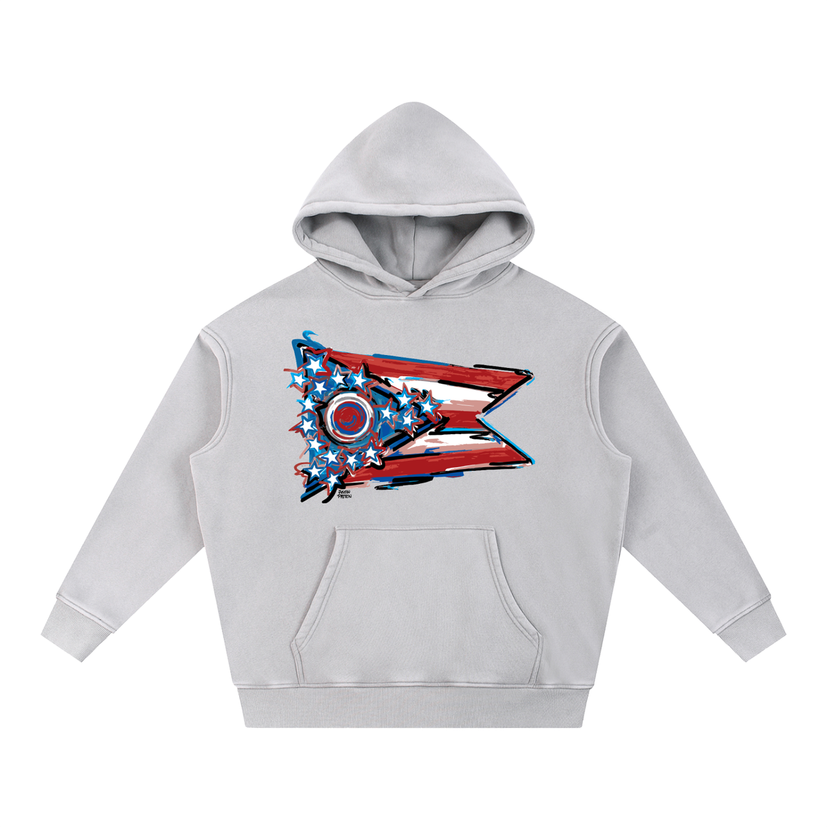 Light gray fleece oversize hoodie with front graphic and kangaroo pocket