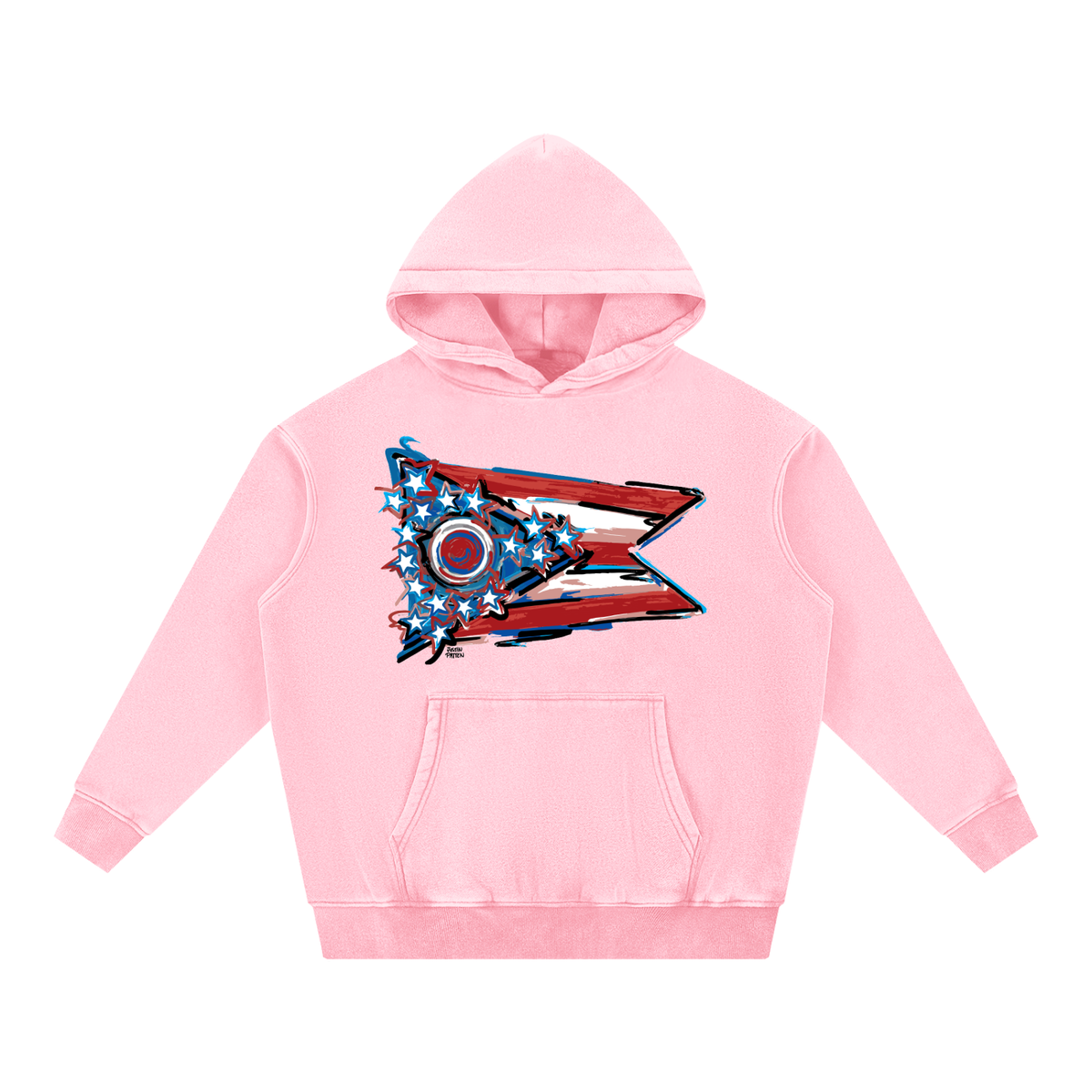 Pink fleece oversize hoodie with front graphic and kangaroo pocket