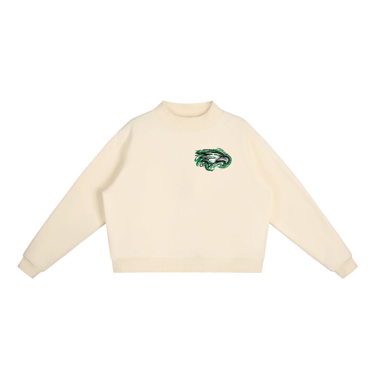 Women's fleece mock-neck crew sweatshirt in cream, front logo patch