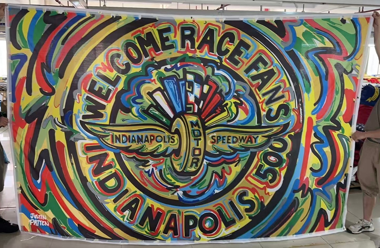 Indianapolis Motor Speedway Welcome Race Fans Big One Sided Flag (10'x6.5' Feet!) by Justin Patten (Big Flag, One Sided, Grommets)