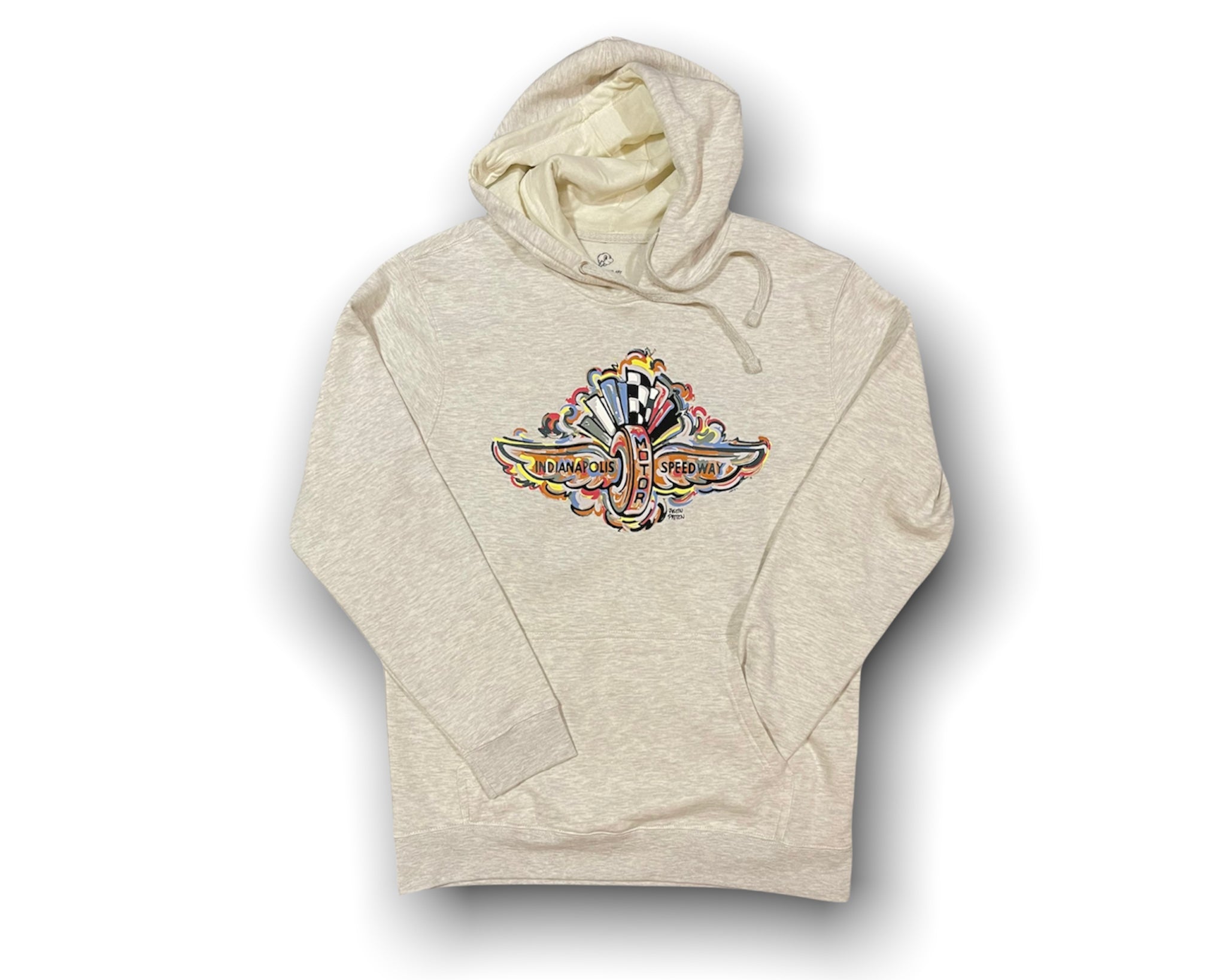Indianapolis Motor Speedway Wing and Wheel Unisex Hoodie by Justin Patten (Oatmeal Heather)
