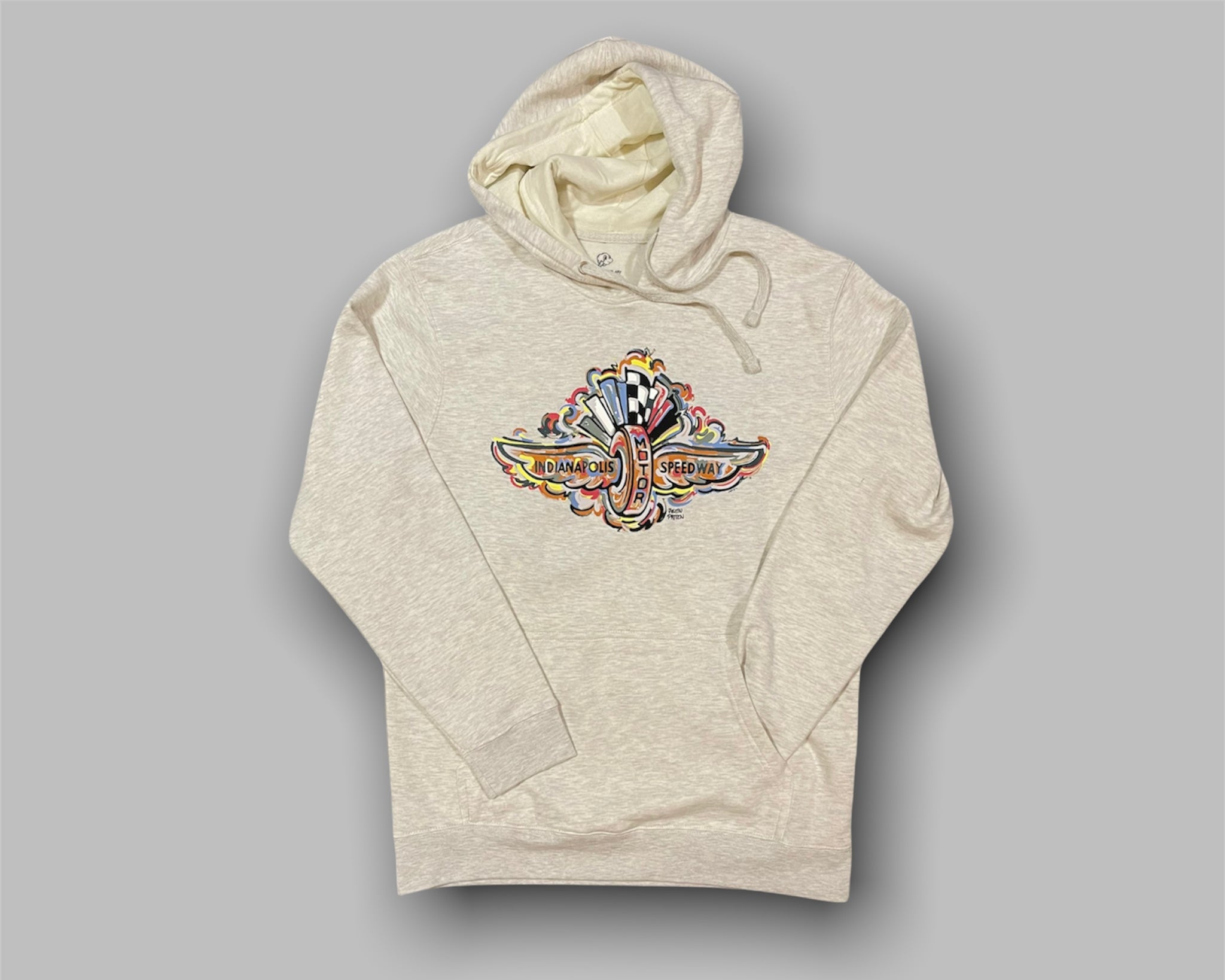 Indianapolis Motor Speedway Wing and Wheel Unisex Hoodie by Justin Patten (Oatmeal Heather)