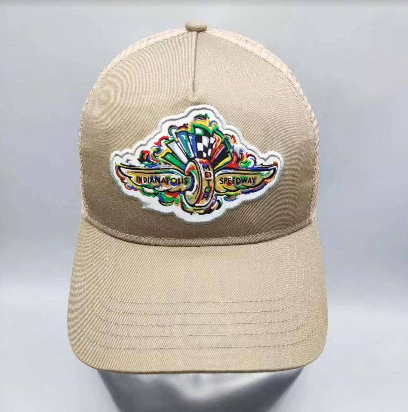 Indianapolis Motor Speedway Wing and Wheel Tan Trucker Hat by Justin Patten