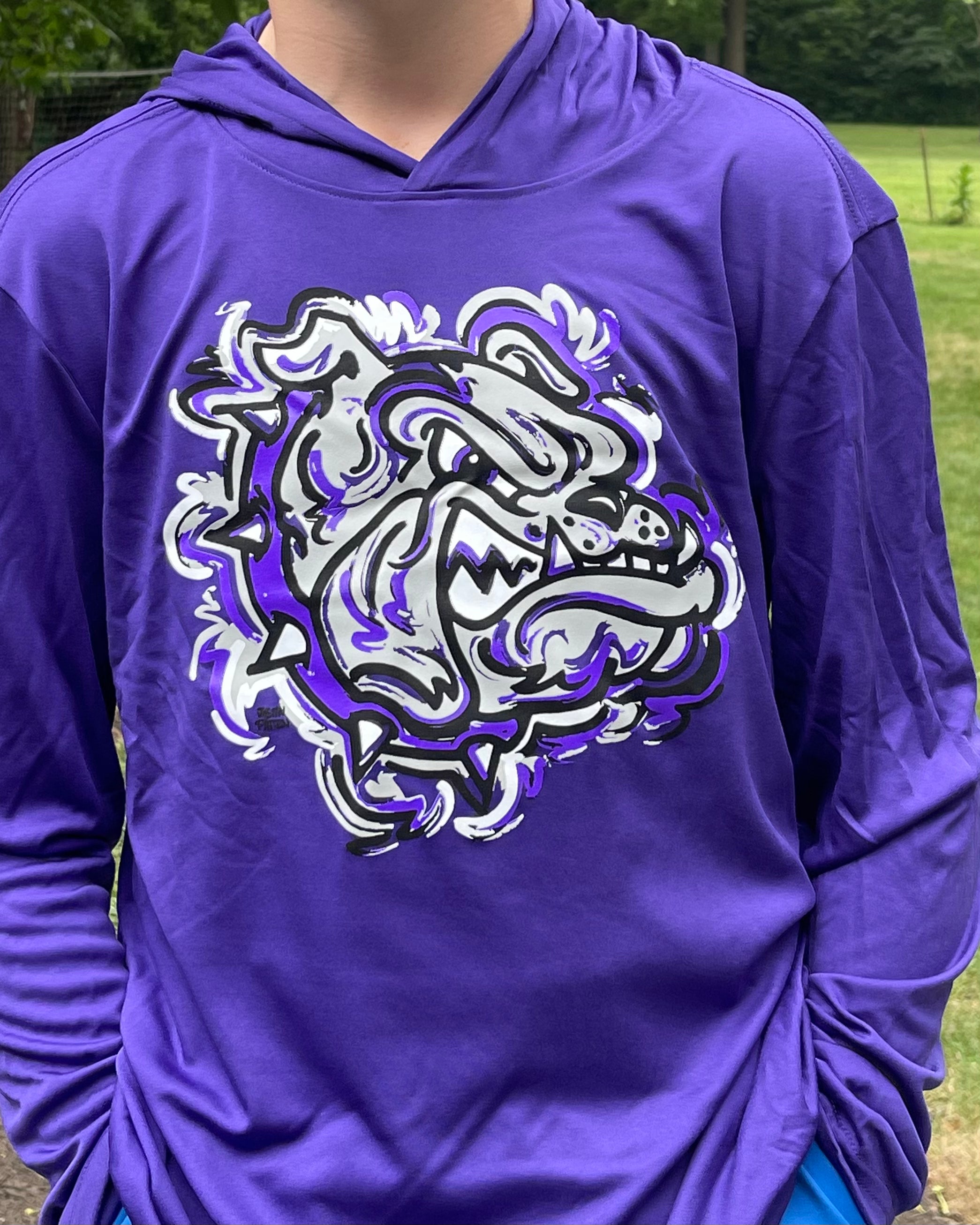 Brownsburg Indiana Bulldog Youth Long Sleeve Hooded Poly Tee by Justin Patten