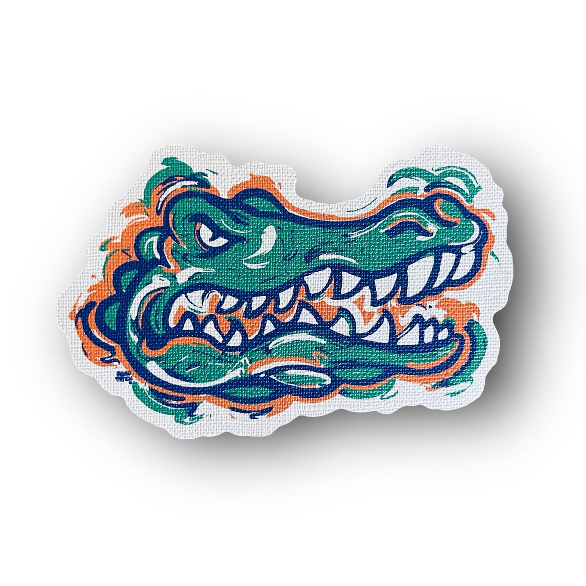 Roaring gator head durable sticker, teal and orange with blue detailing