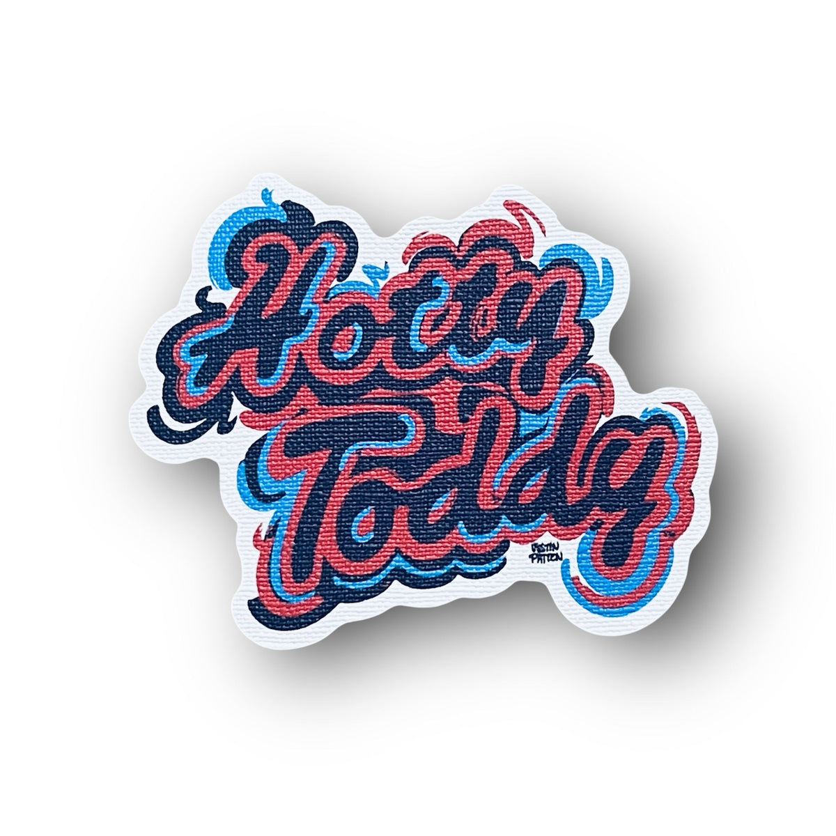 Die-cut Hotty Toddy sticker with blue and red layered script lettering