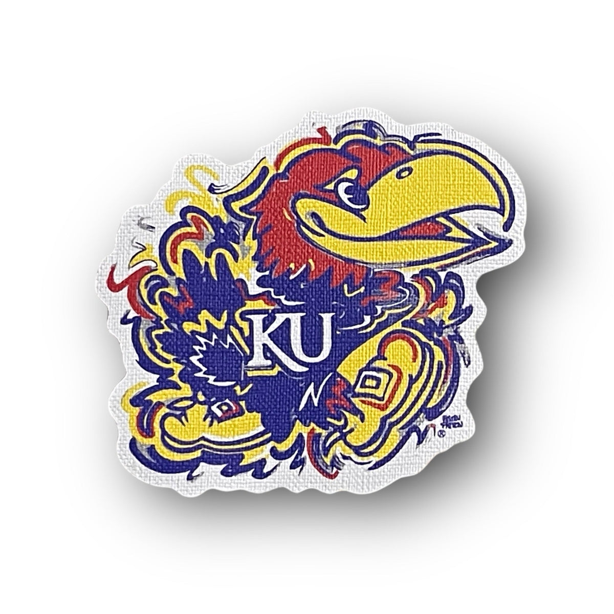 Die-cut KU Jayhawks mascot sticker with yellow beak and red wing, white border