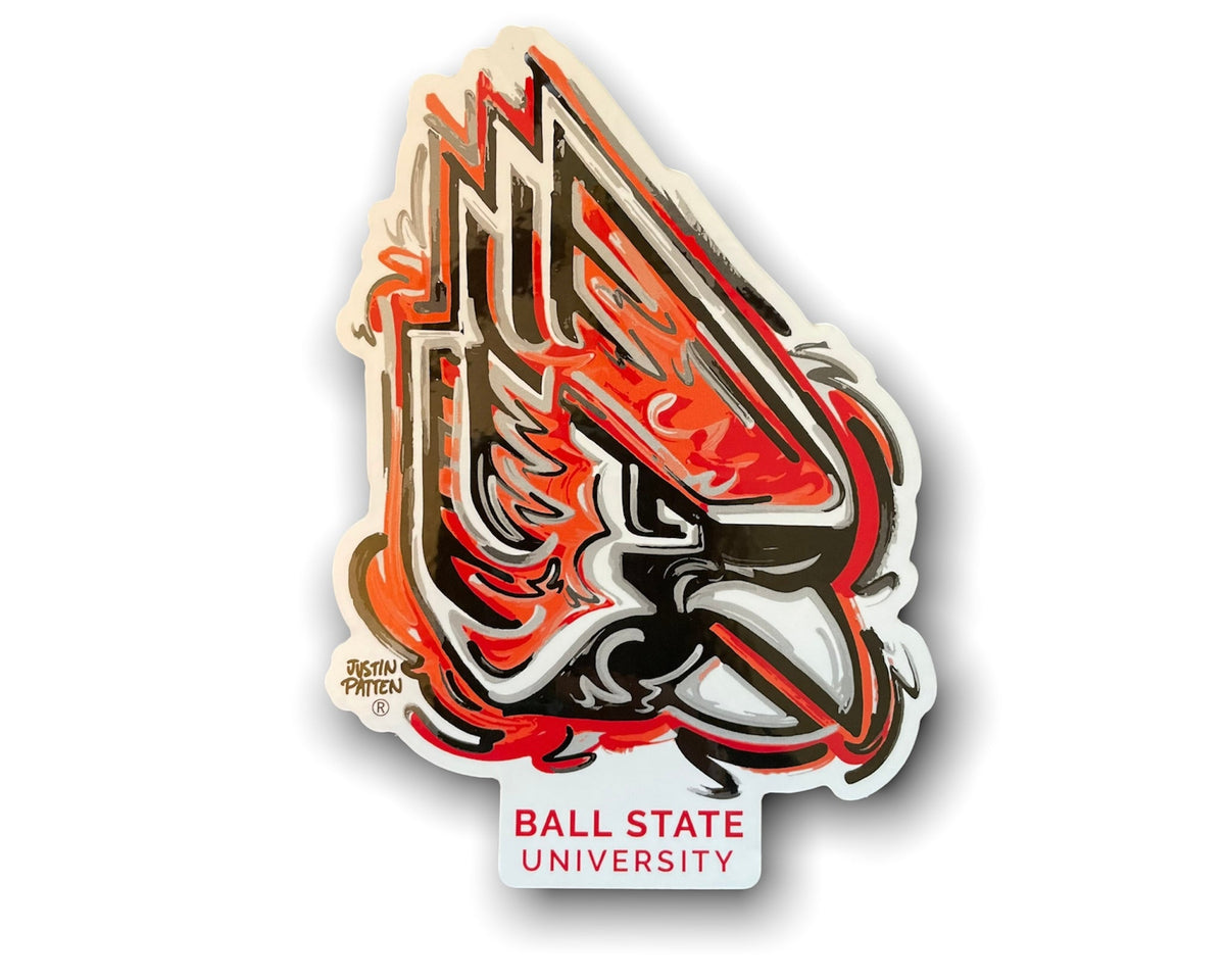 Vinyl sticker with Ball State bird logo in black, red, and white, die-cut shape