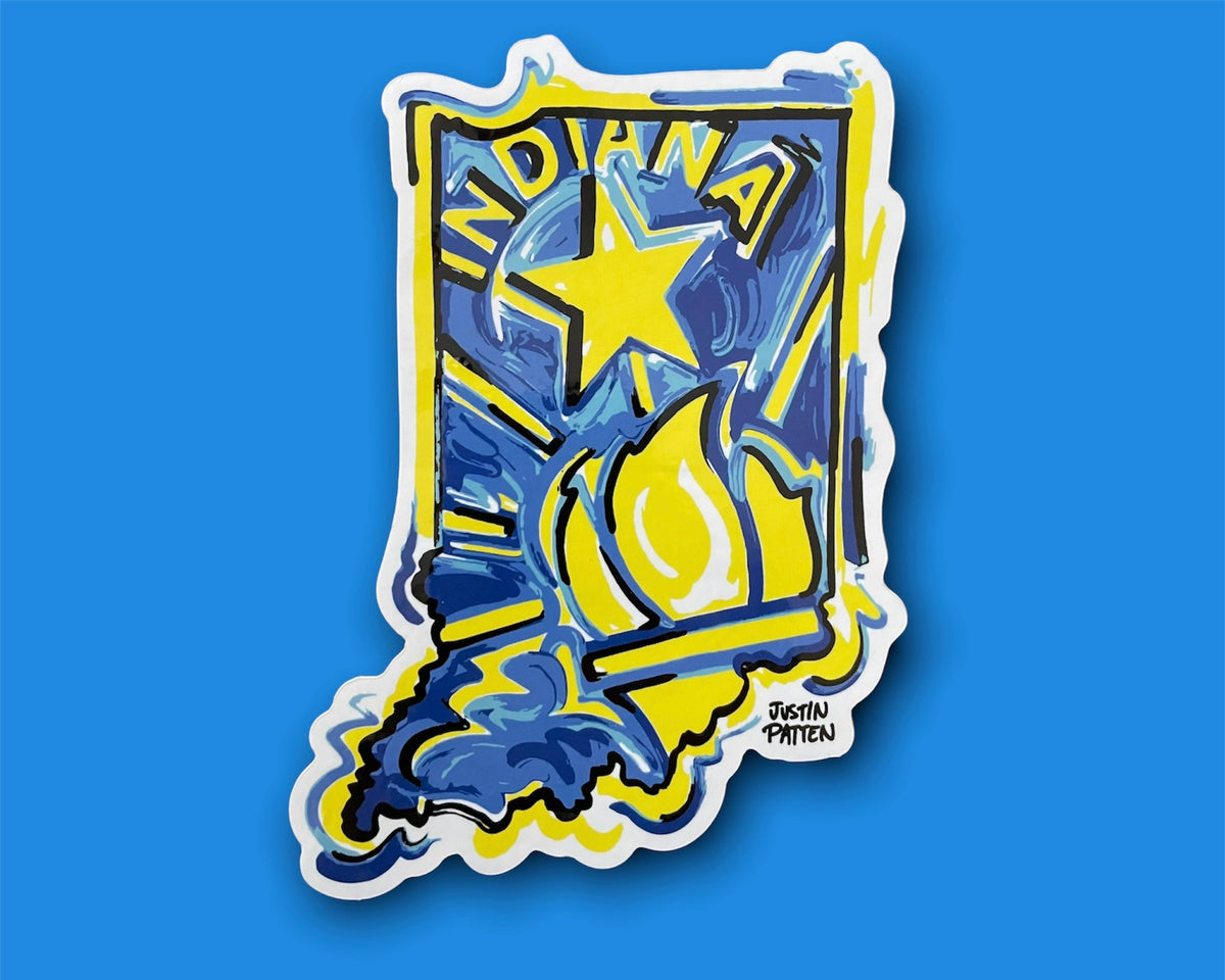Vinyl Indiana flag sticker showing 'INDIANA' lettering, star, flame, and Justin Patten mark