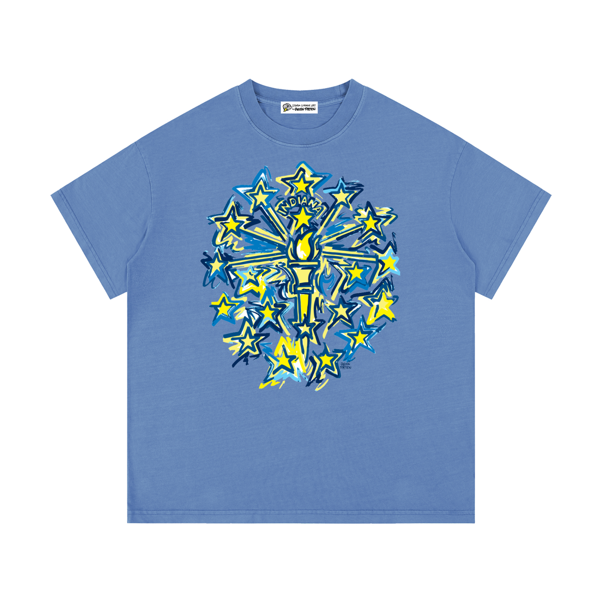 Vintage wash cotton T-shirt, royal blue, front Indiana flag starburst graphic.