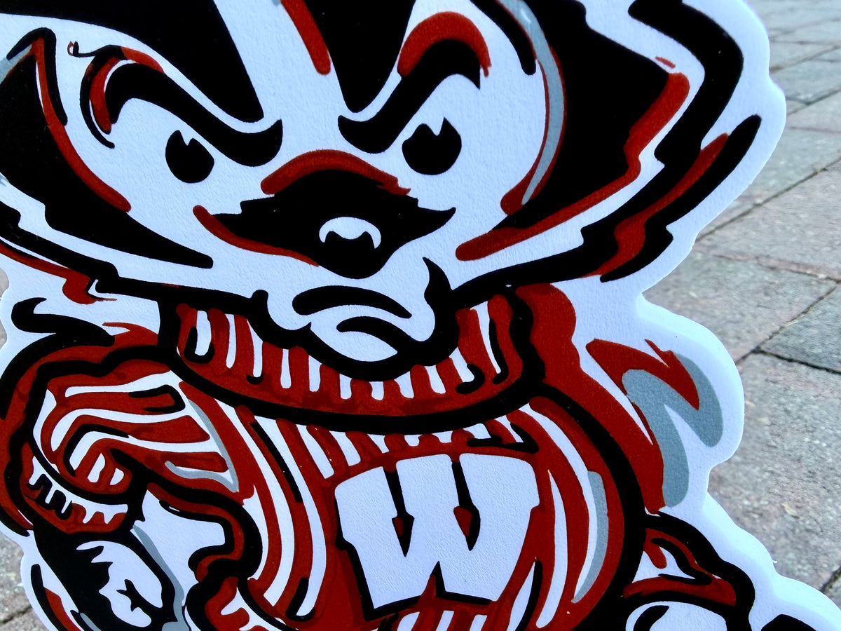 Wisconsin Badger Bucky standee close-up with red-and-white mascot and blue outline on base