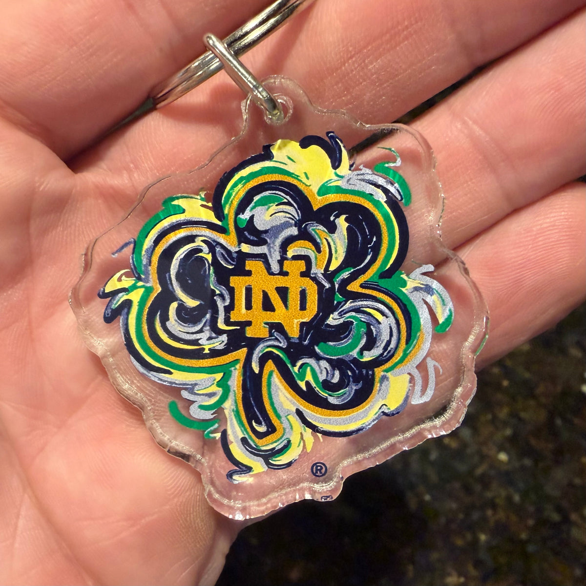 Notre Dame clover keychain with ND logo, acrylic face, metal keyring