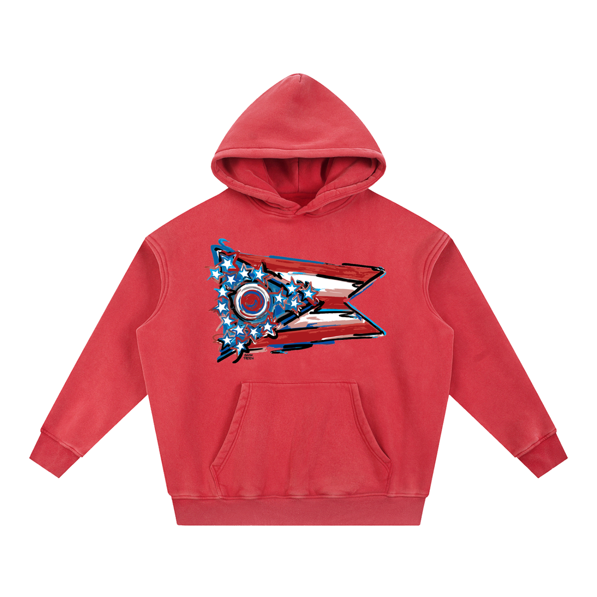 Red fleece oversize hoodie with front graphic and kangaroo pocket