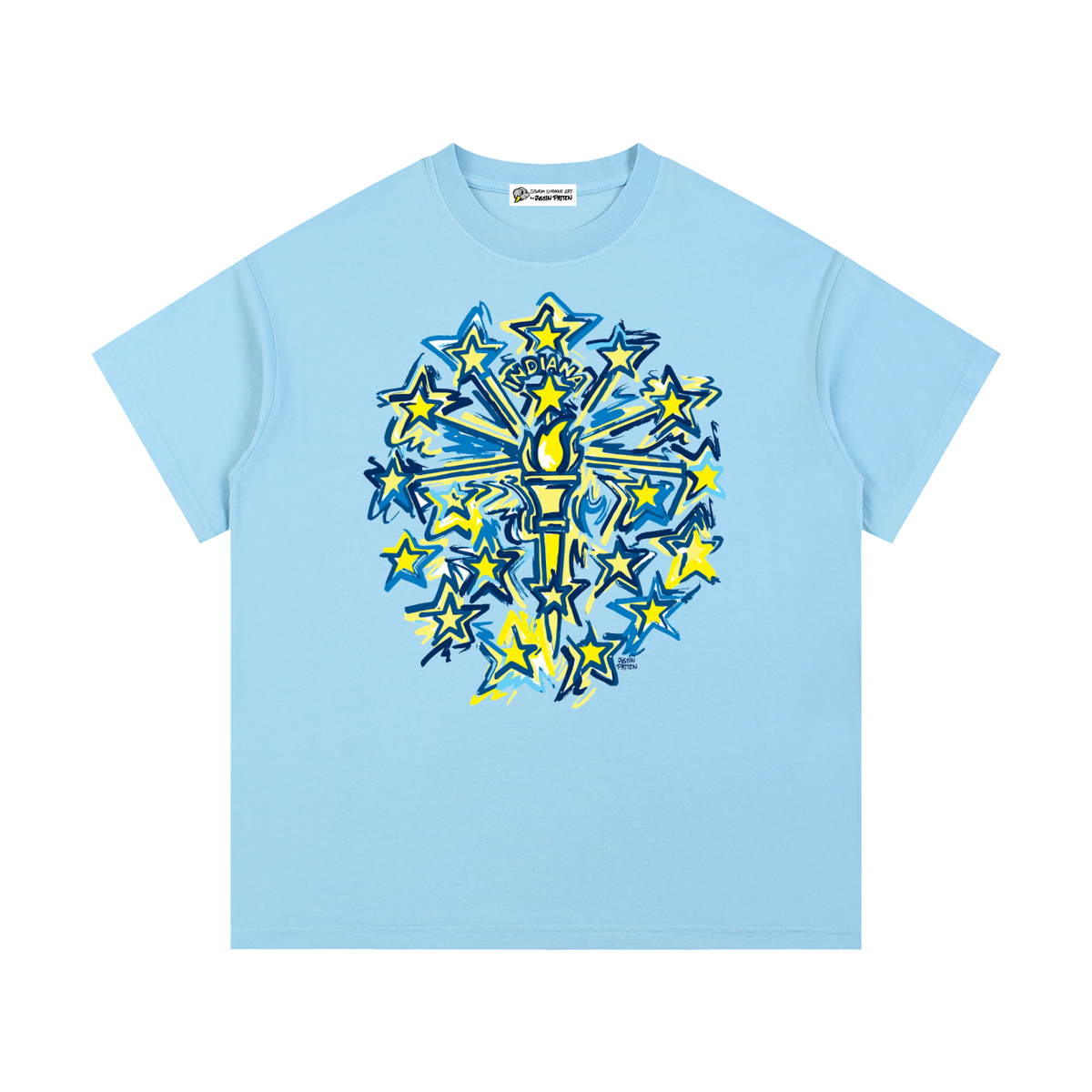Vintage wash cotton T-shirt, sky blue, front Indiana flag starburst graphic.