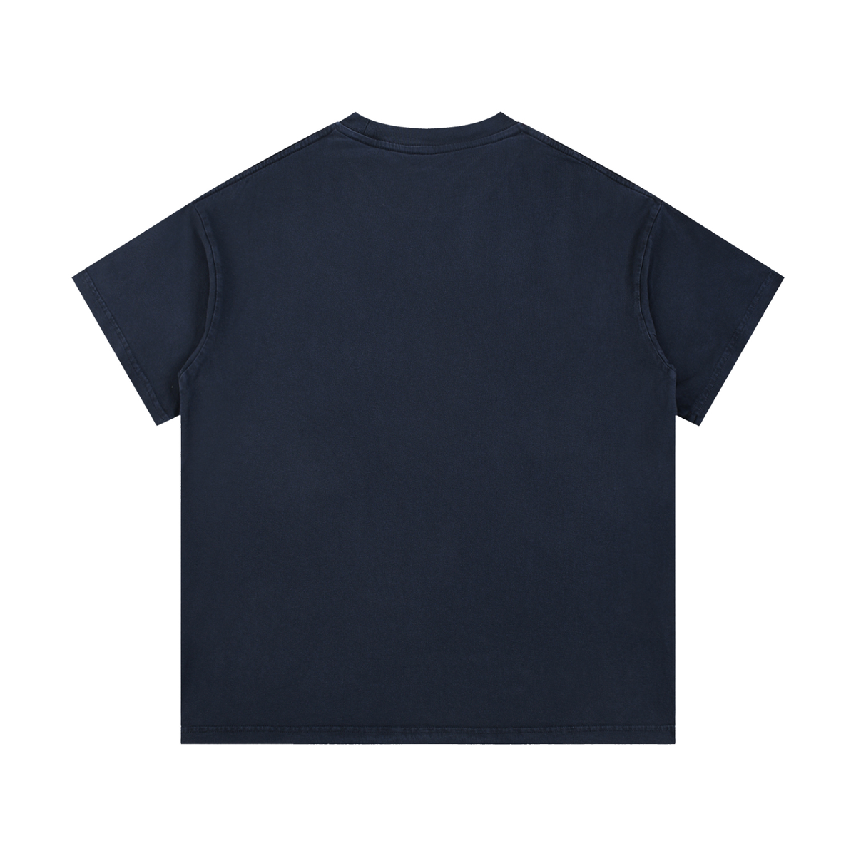 Vintage wash cotton T-shirt, navy, plain back view with crew neckline.