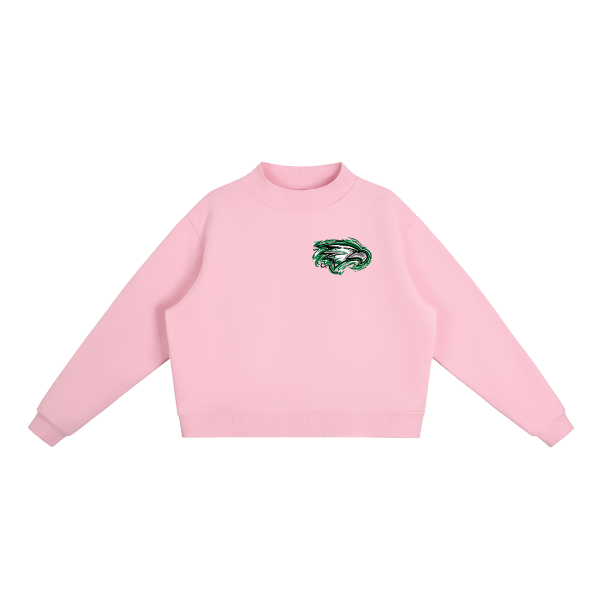 Women's fleece mock-neck crew sweatshirt in pink, front logo patch