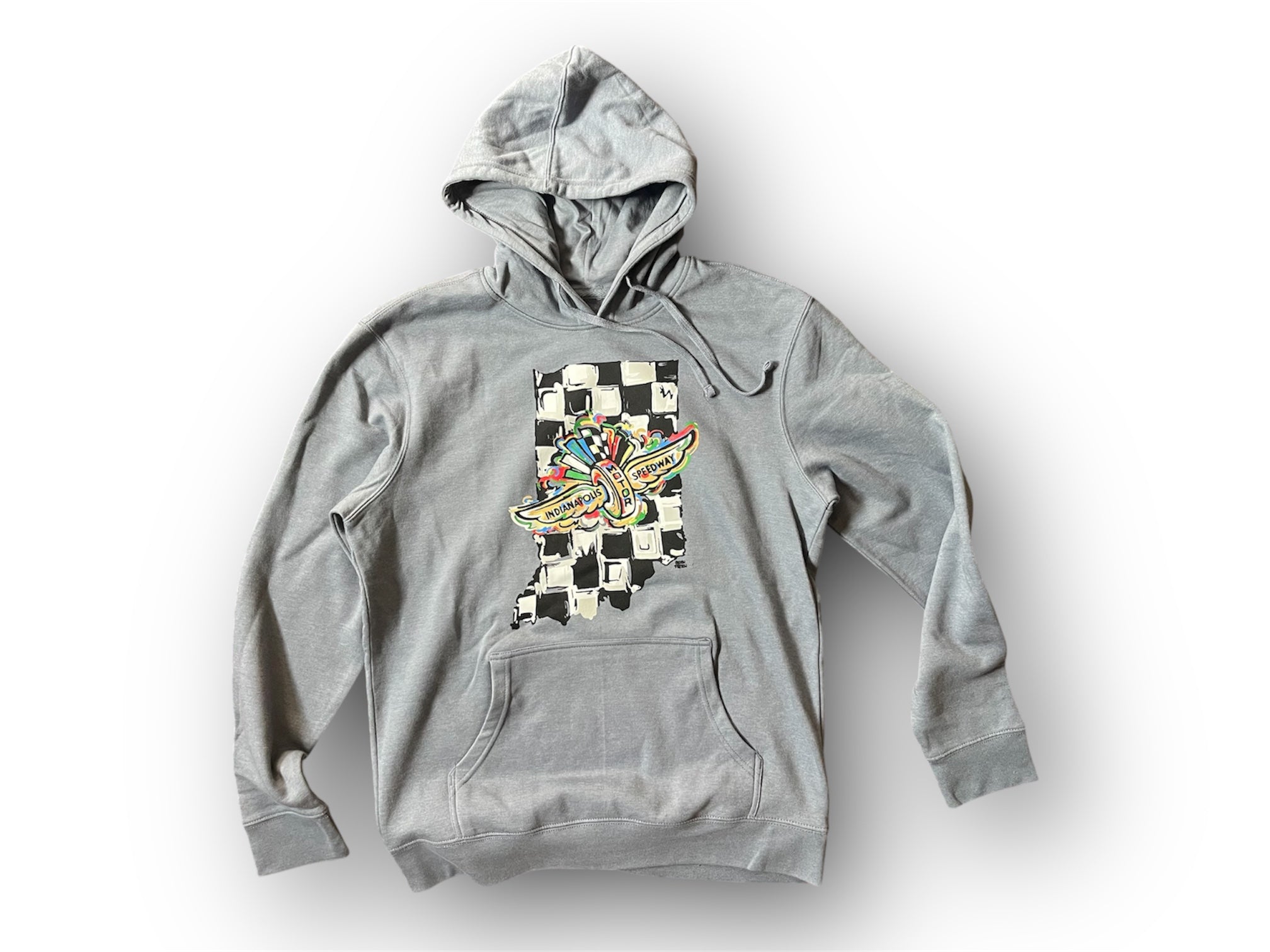 Indianapolis Motor Speedway Indiana Shape Wing and Wheel Unisex Hoodie by Justin Patten (IMS, Indy 500, Pagoda, Wing and Wheel)