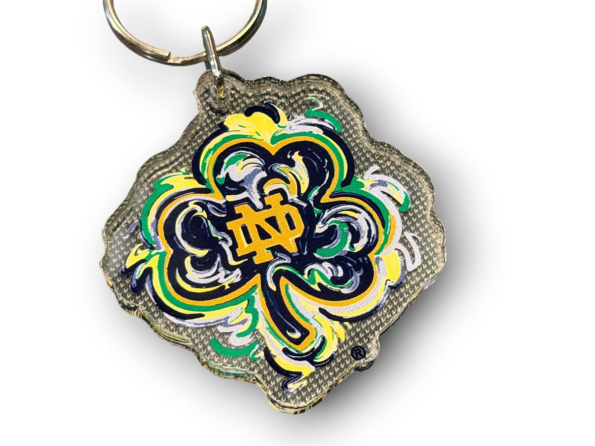Notre Dame clover keychain with embroidered-style ND logo and metal keyring