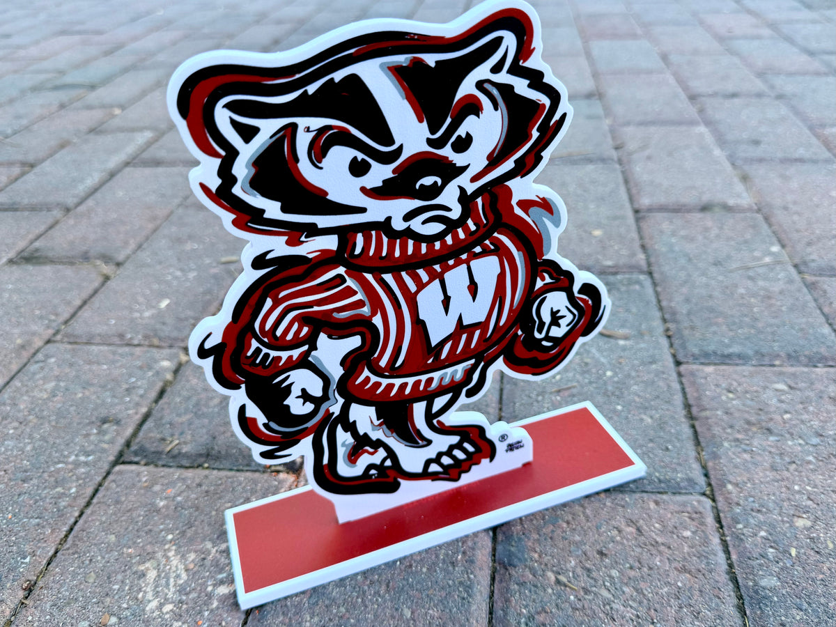 Wisconsin Badger Bucky standee at angle, full cartoon badger holding W on red base