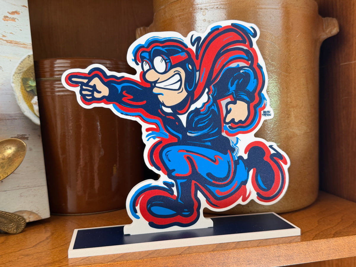 Rudy Flyer character standee on rectangular base, blue and red mascot pose