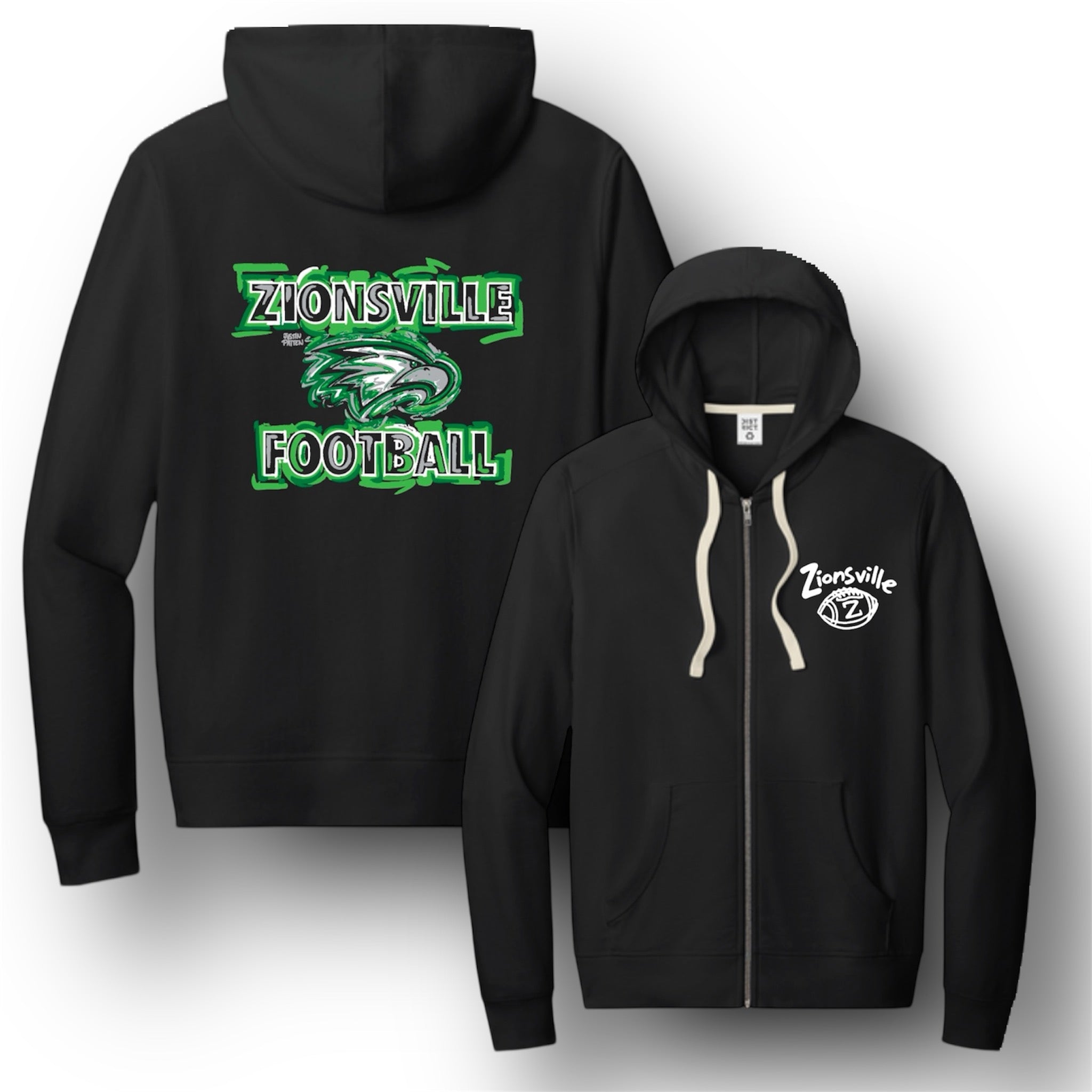 Zionsville Football Unisex Fleece Full Zip Hoodie by Justin Patten (Black)
