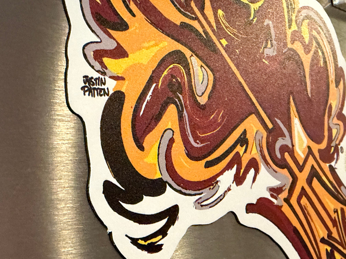 Sun devil mascot magnet face close-up in orange and maroon with white border