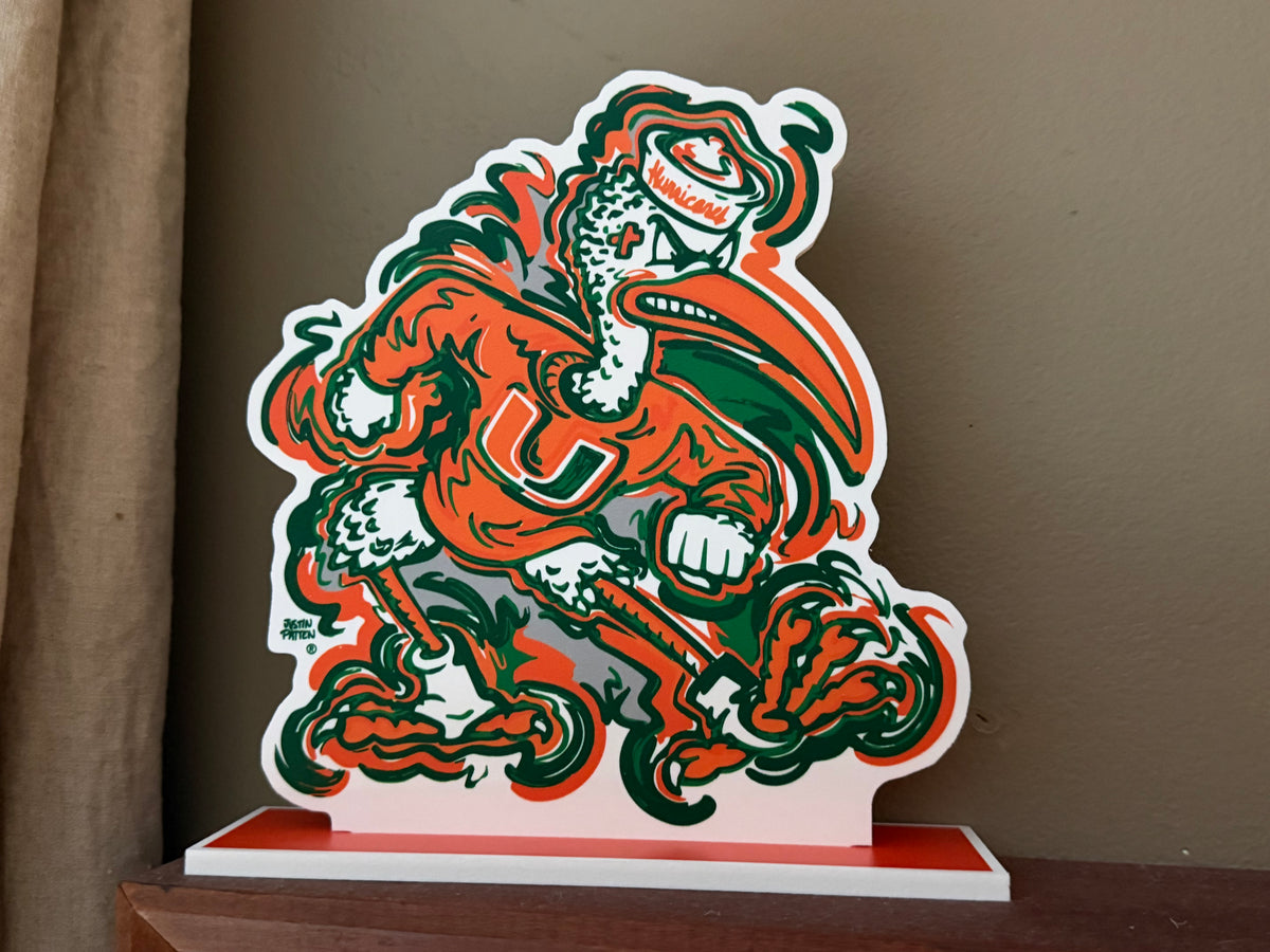 Miami Hurricanes mascot standee cutout on white base, orange and green eagle design