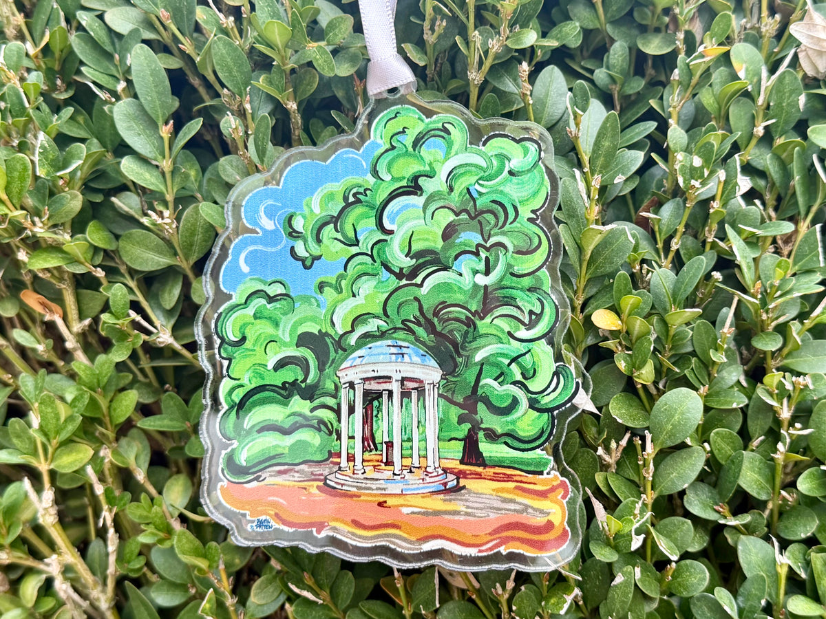 University of North Carolina Old Well ornament with a colorful illustrated tree and white pavilion