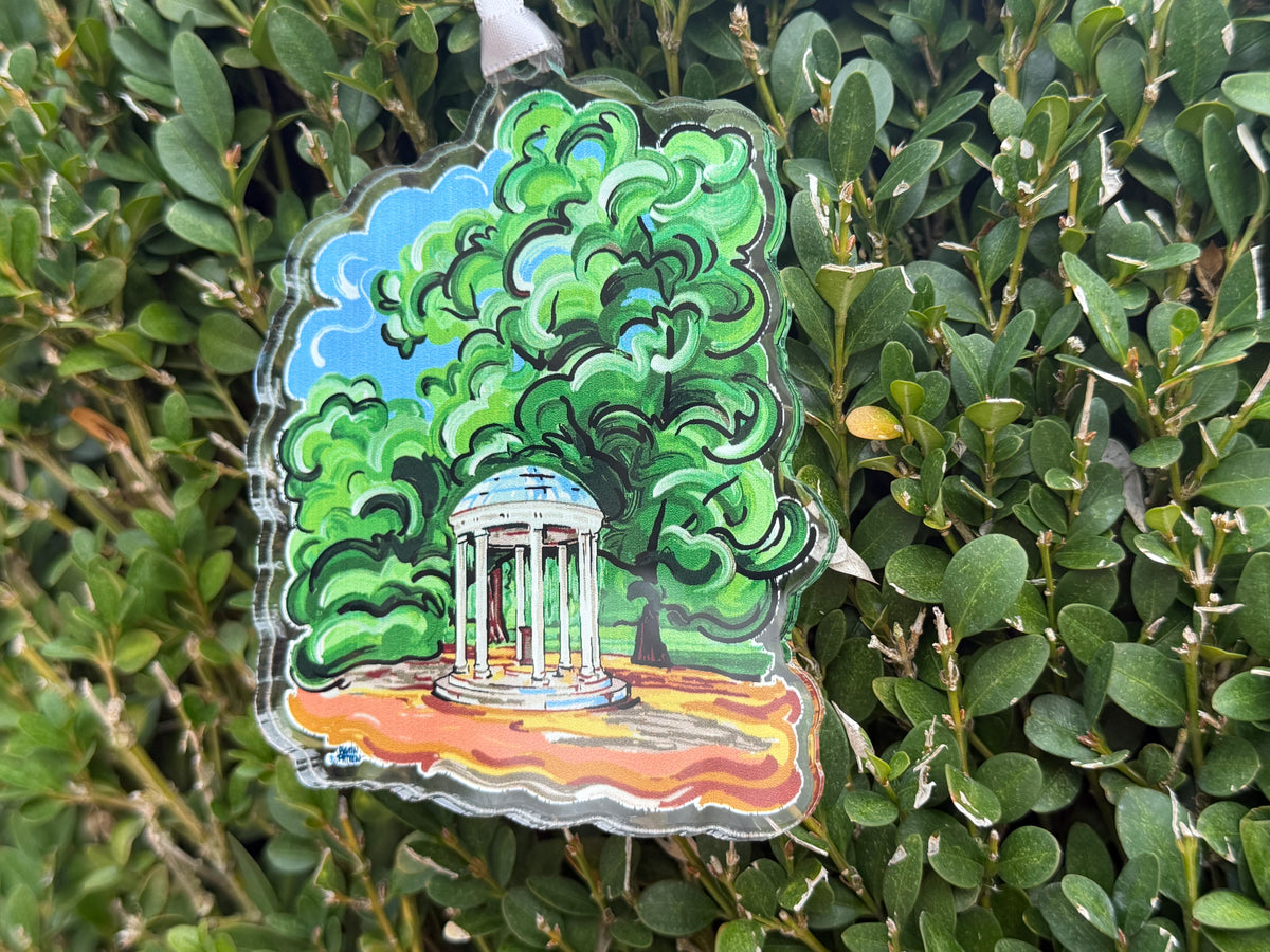 Illustrated Old Well ornament featuring a white pavilion amid green trees and blue sky