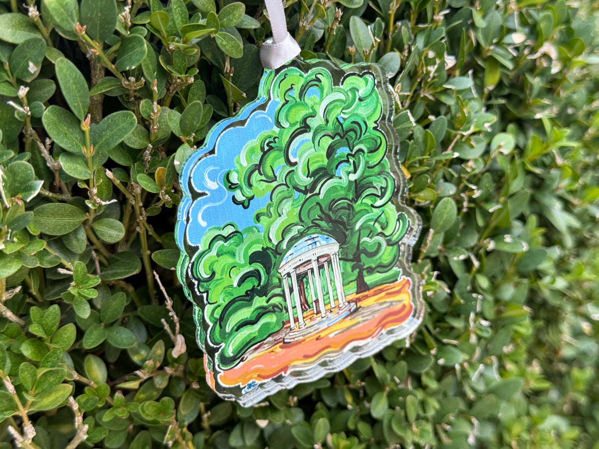 Old Well hanging ornament with a colorful illustration of the pavilion beneath leafy trees